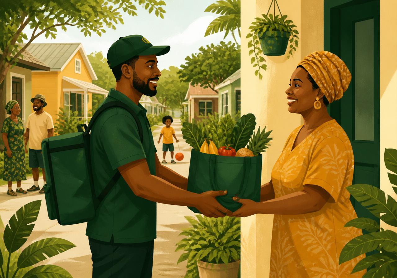 A VillageRunner courier handing fresh groceries to a neighbour